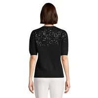 Sequined Short Puff-Sleeve Cashmere Sweater