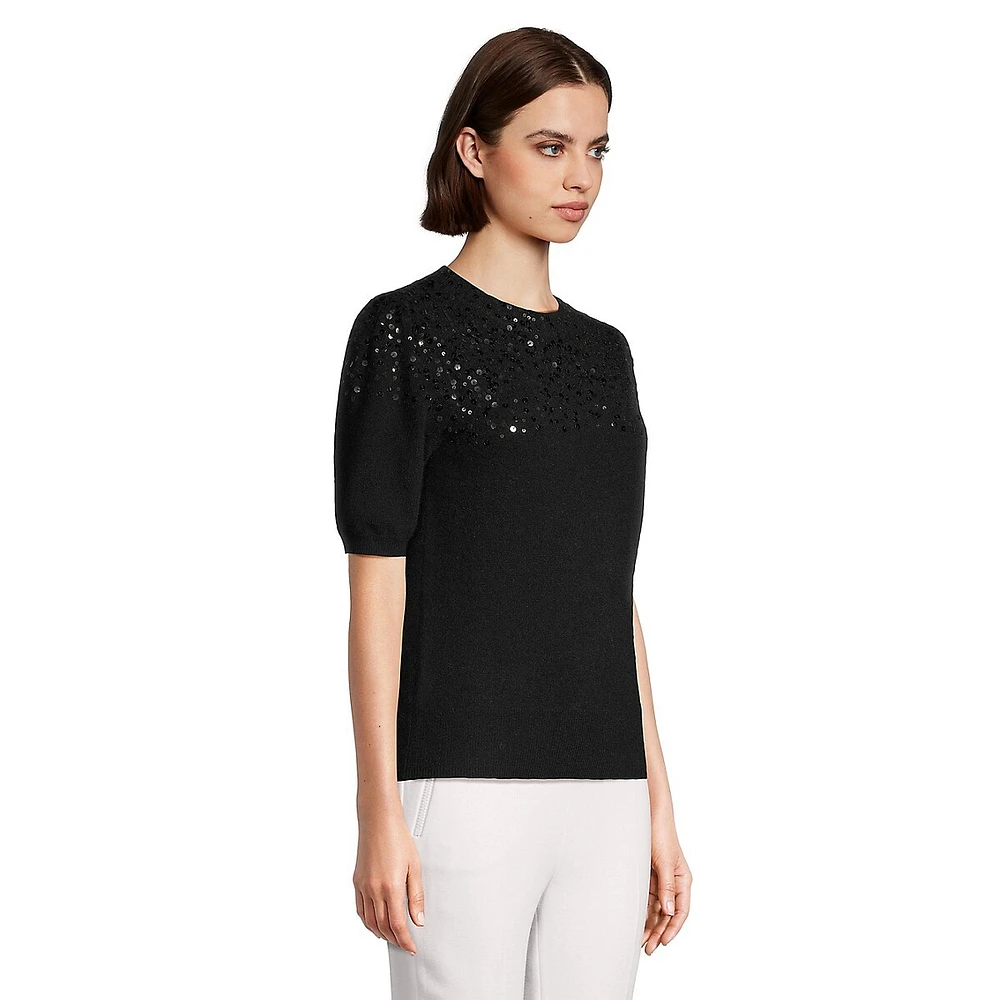 Sequined Short Puff-Sleeve Cashmere Sweater