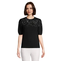 Sequined Short Puff-Sleeve Cashmere Sweater