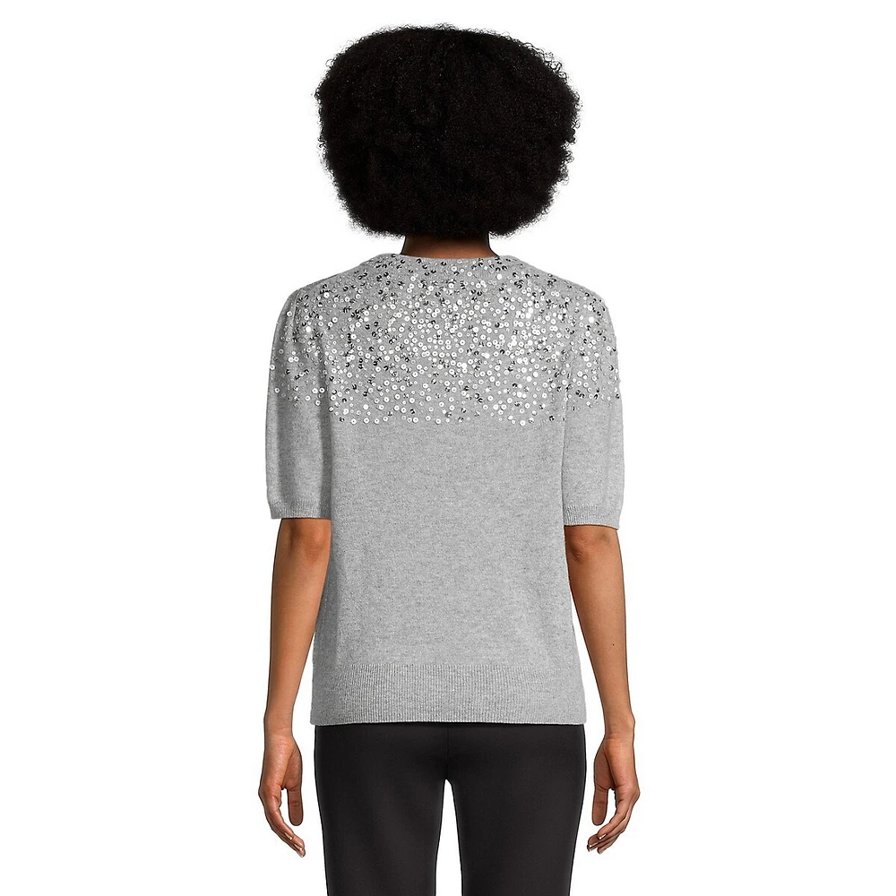 Sequin Short Puff-Sleeve Cashmere Sweater