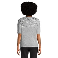 Sequin Short Puff-Sleeve Cashmere Sweater