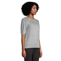 Sequin Short Puff-Sleeve Cashmere Sweater