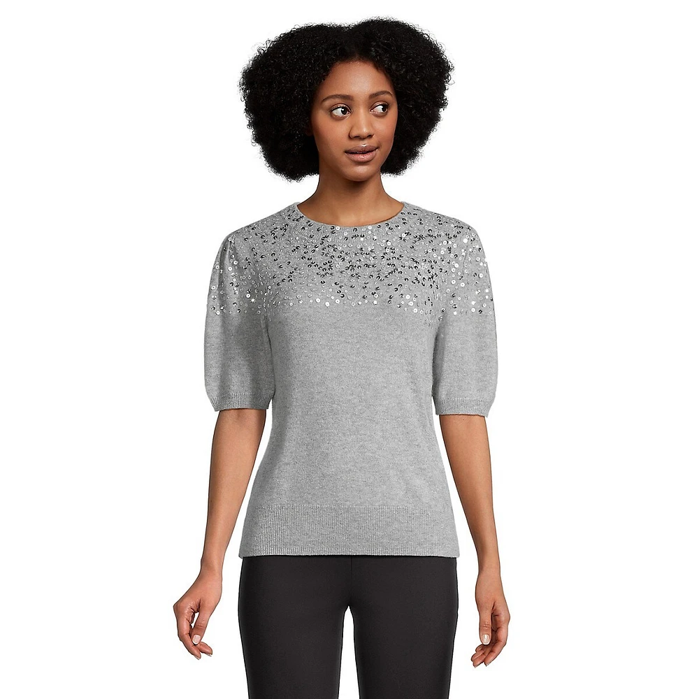 Sequin Short Puff-Sleeve Cashmere Sweater