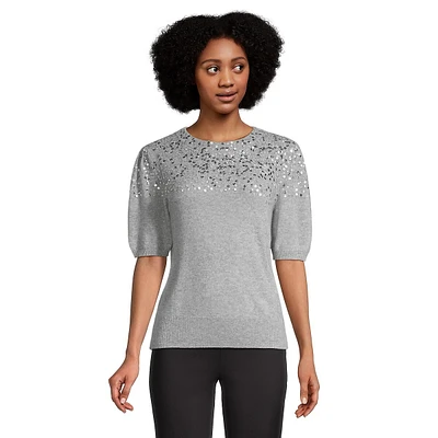 Sequin Short Puff-Sleeve Cashmere Sweater