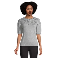 Sequin Short Puff-Sleeve Cashmere Sweater