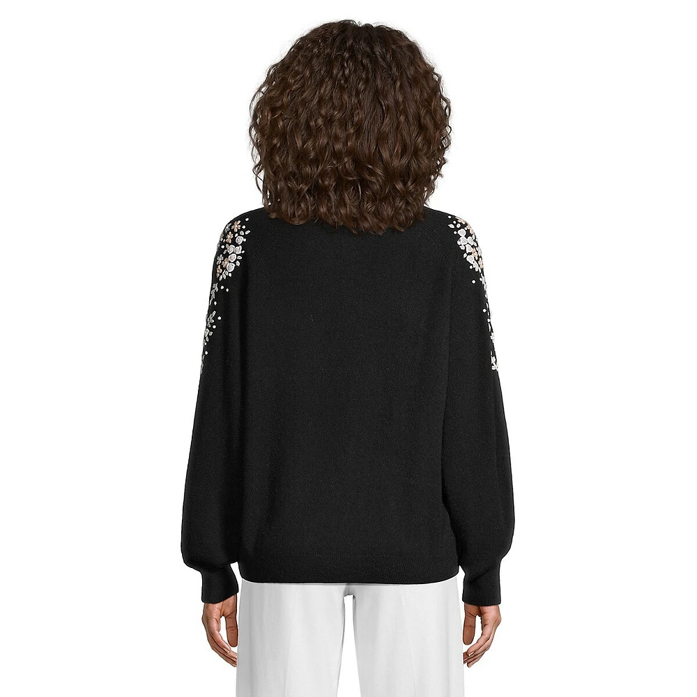 Floral-Embroidered Blouson-Sleeve Cashmere Sweater