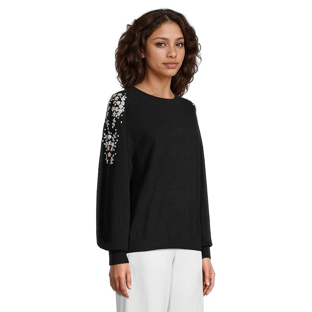 Floral-Embroidered Blouson-Sleeve Cashmere Sweater