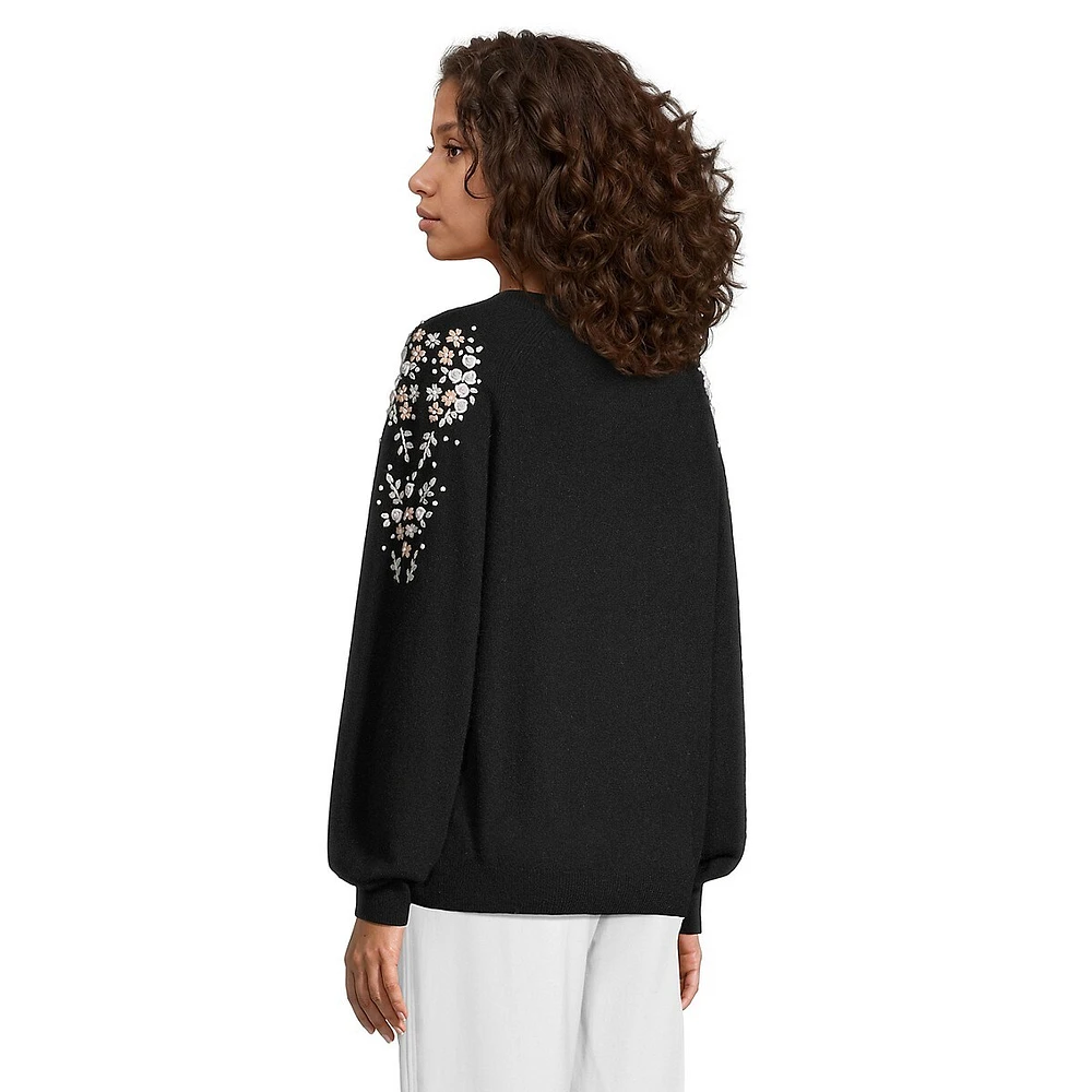 Floral-Embroidered Blouson-Sleeve Cashmere Sweater