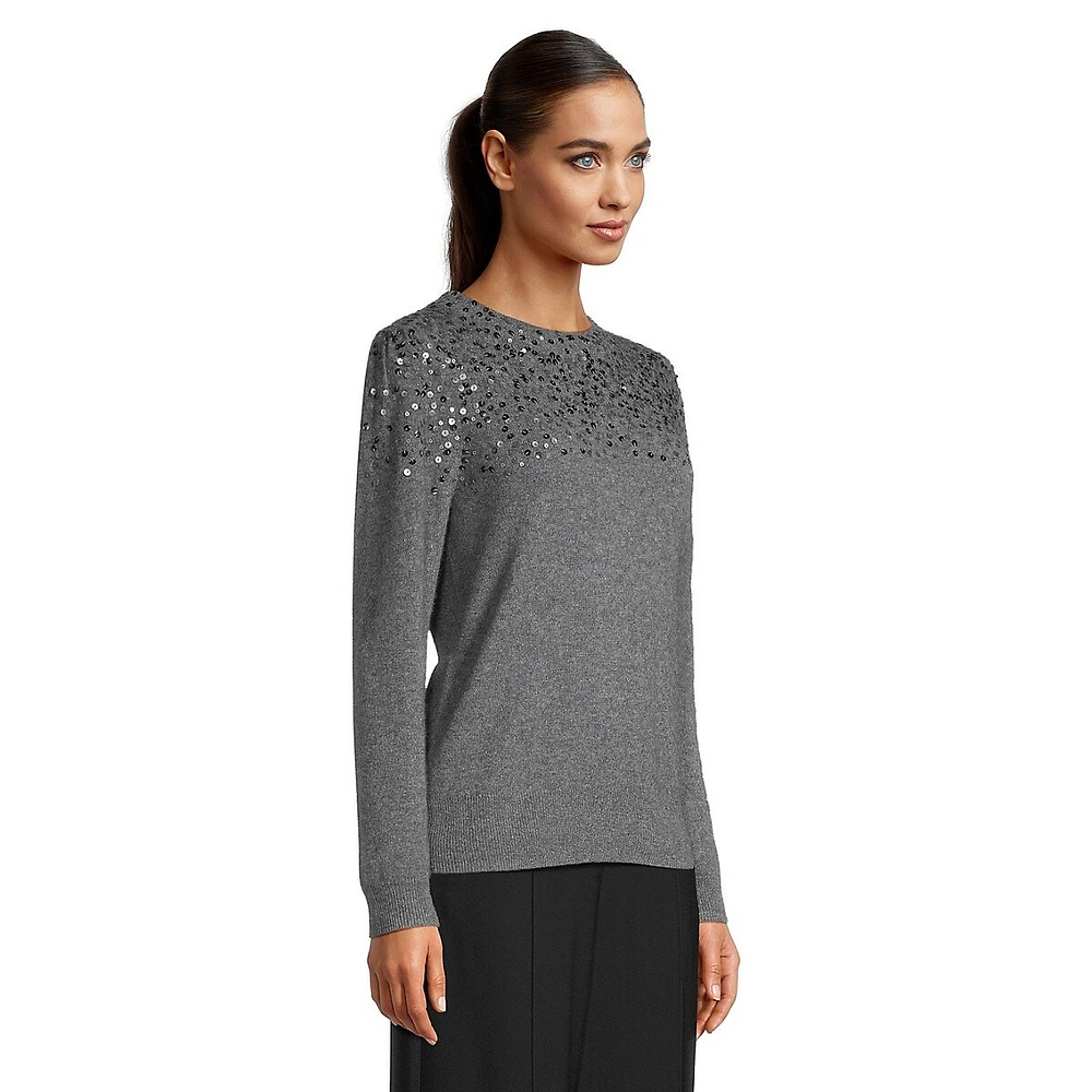 Sequined Cashmere Long Puff-Sleeve Sweater