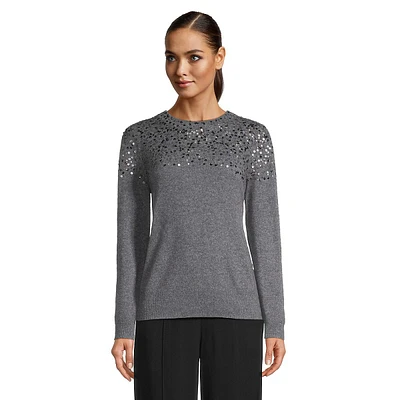 Sequin Cashmere Long Puff-Sleeve Sweater