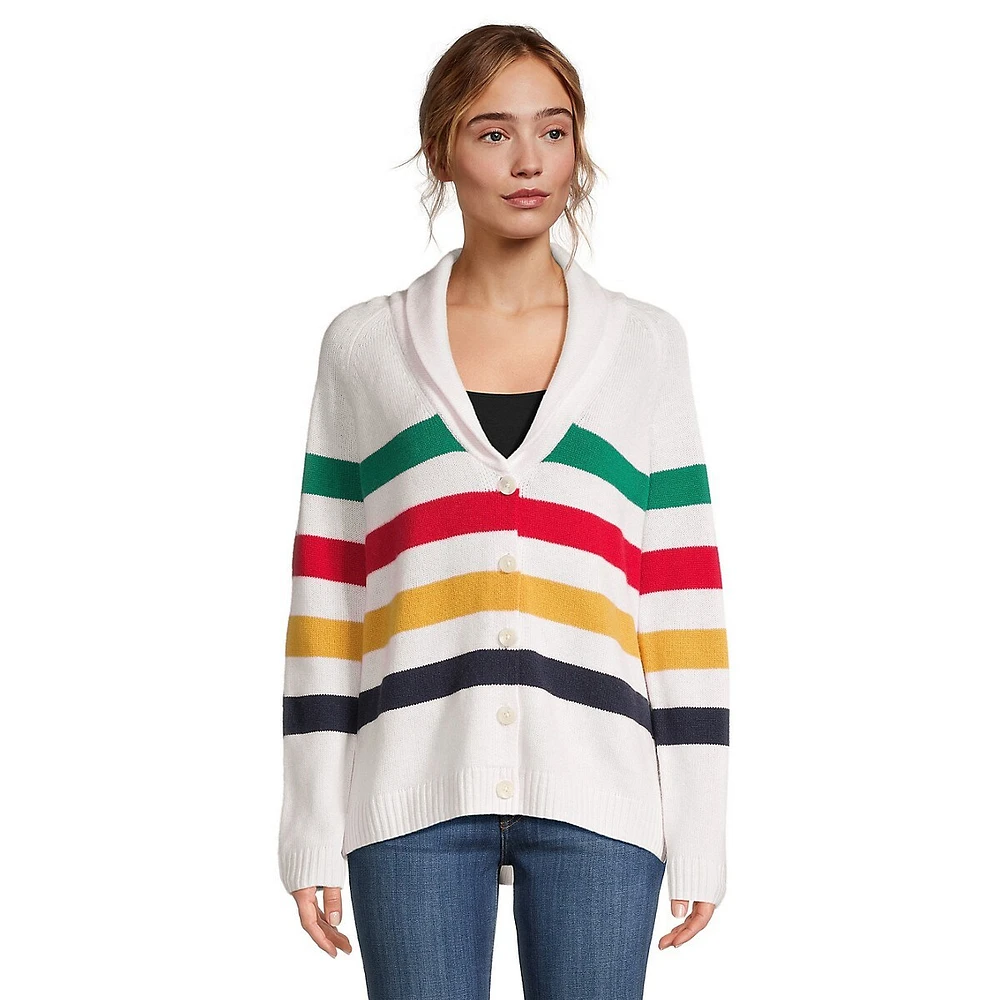 Multistripe Wool & Cashmere Shawl-Collar Cardigan