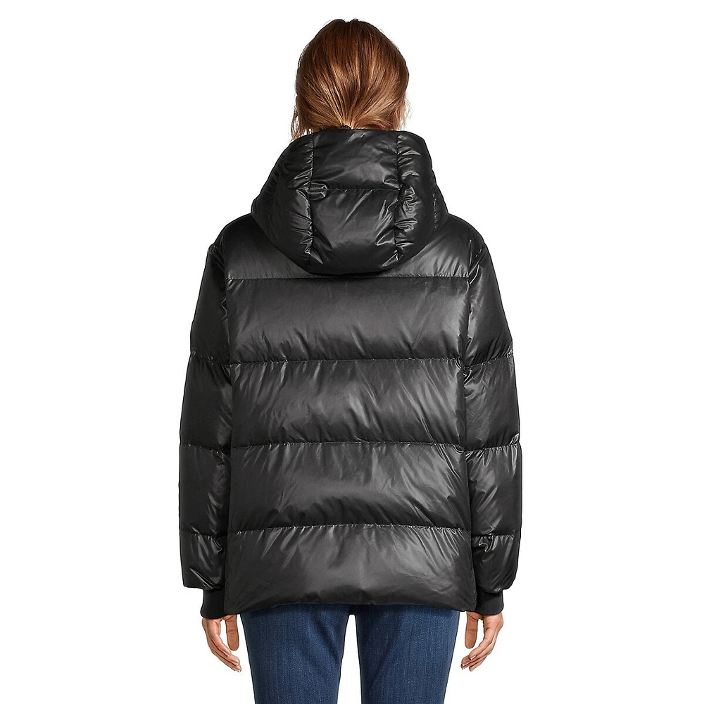 Short Hooded Down Puffer Jacket With Multistripe Cuffs