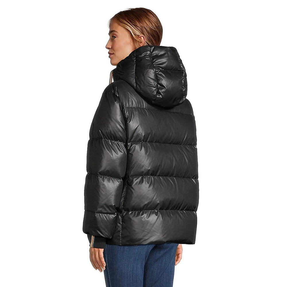 Short Hooded Down Puffer Jacket With Multistripe Cuffs