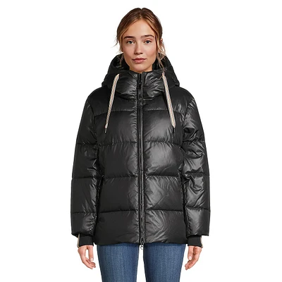 Short Hooded Down Puffer Jacket With Multistripe Cuffs