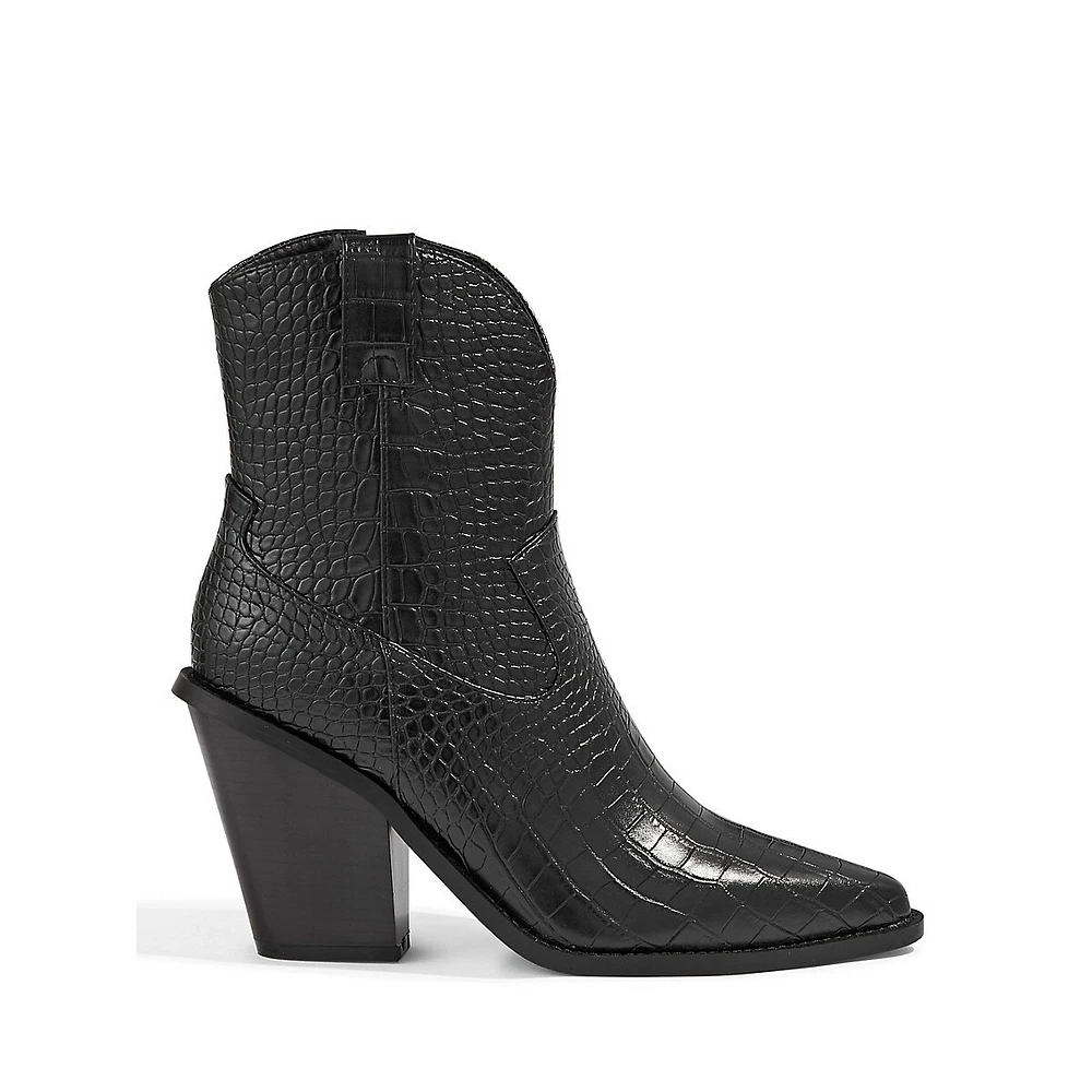 Sacha Croc-Embossed Western Ankle Boots