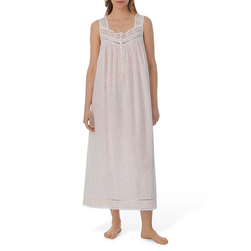 Ditsy Floral Lawn Sleeveless Long Nightgown