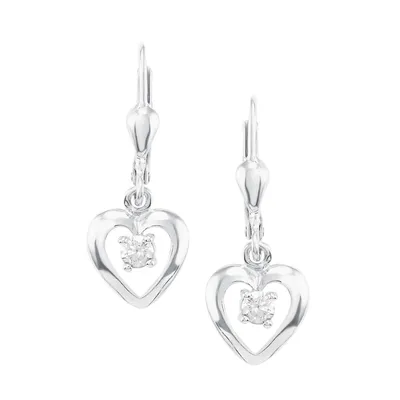 Kid's Heart Rhodium-Plated Sterling Silver & White Cubic Zirconia Drop Earrings