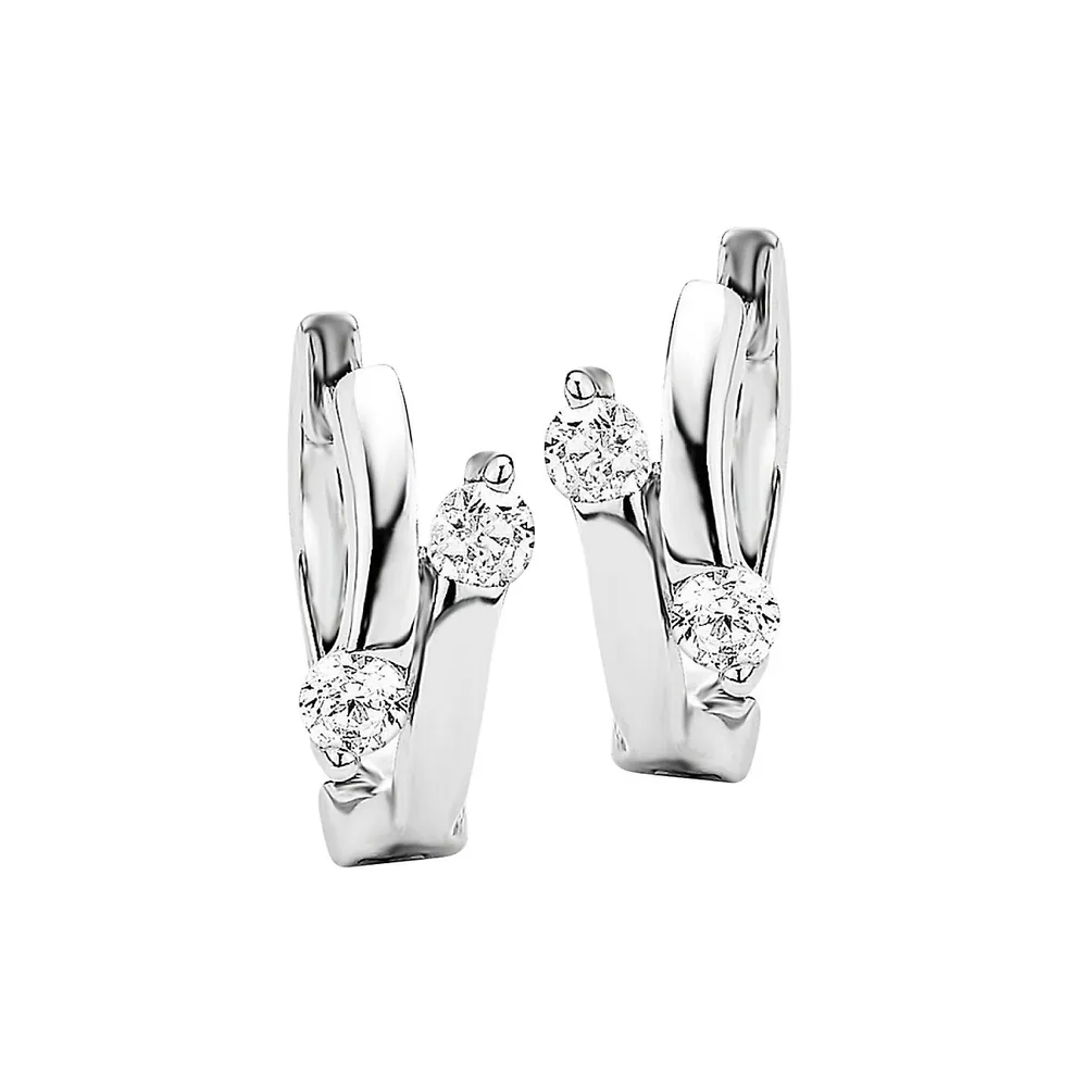 Creole Rhodium-Plated Sterling Silver & White Cubic Zirconia Huggie Earrings