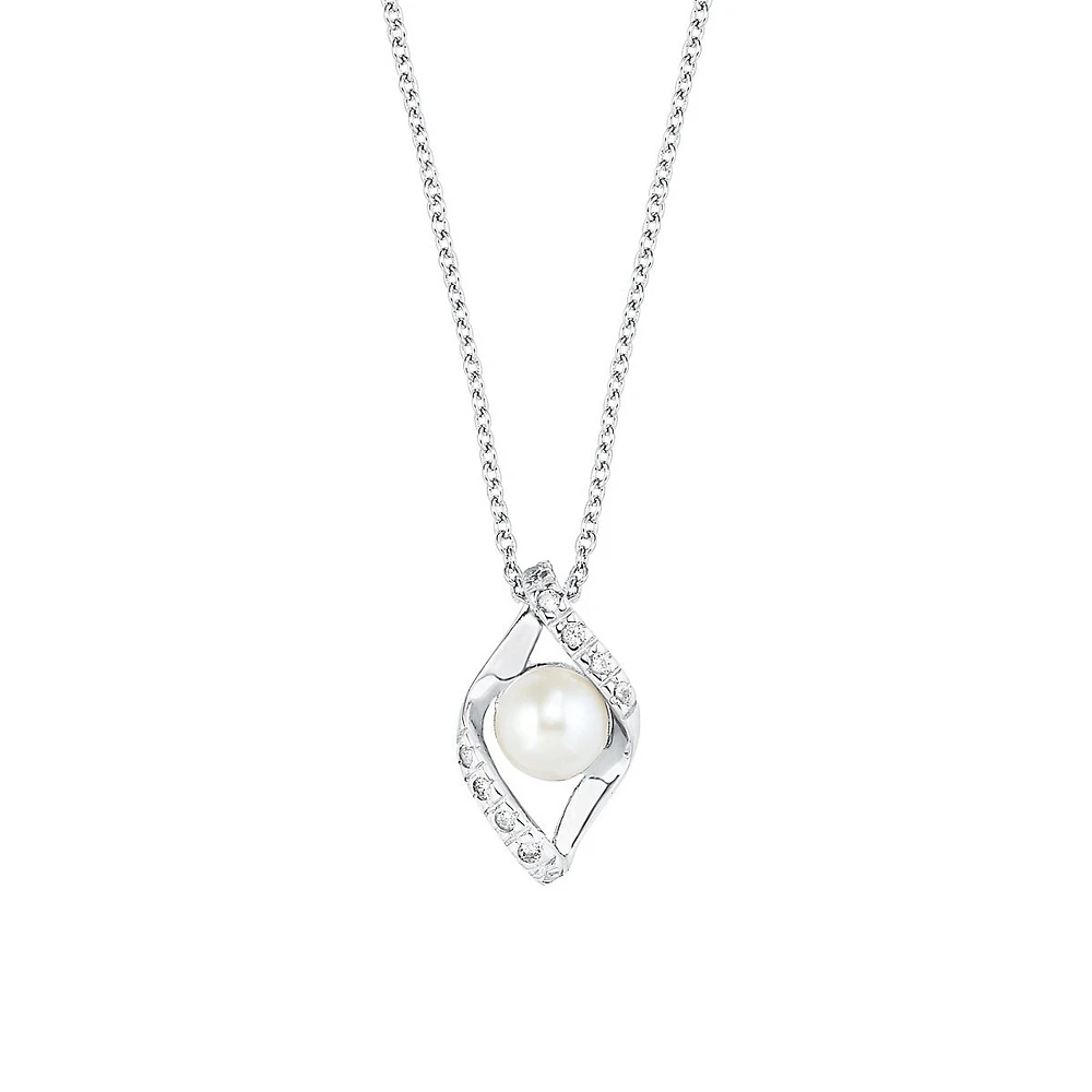 Sterling Silver, Cubic Zirconia & Freshwater Cultured Pearl Pendant Necklace