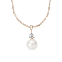 Rose Goldplated, Cubic Zirconia & Round Wax Pearl Pendant Necklace