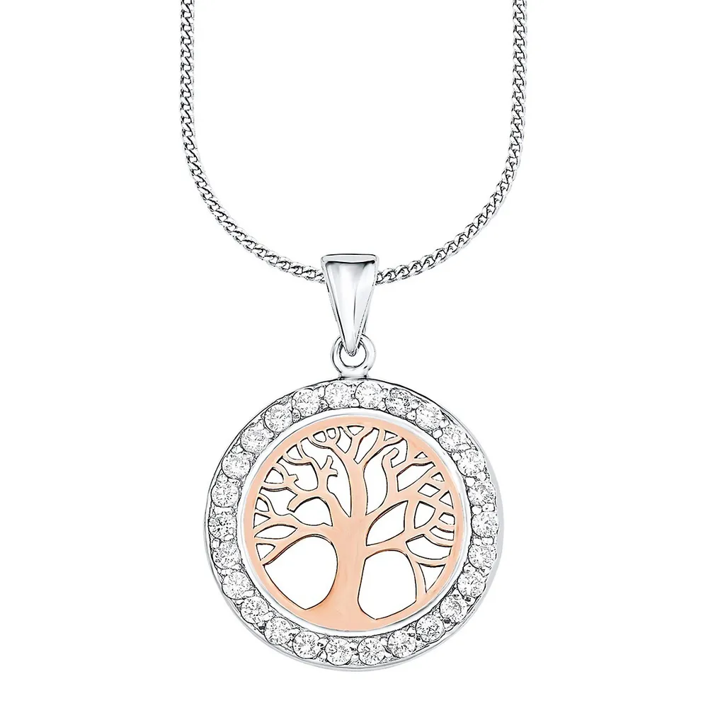 Tree of Life Bicolour Rose Goldplated, Rhodium-Plated Sterling Silver & White Cubic Zirconia Pendant Necklace