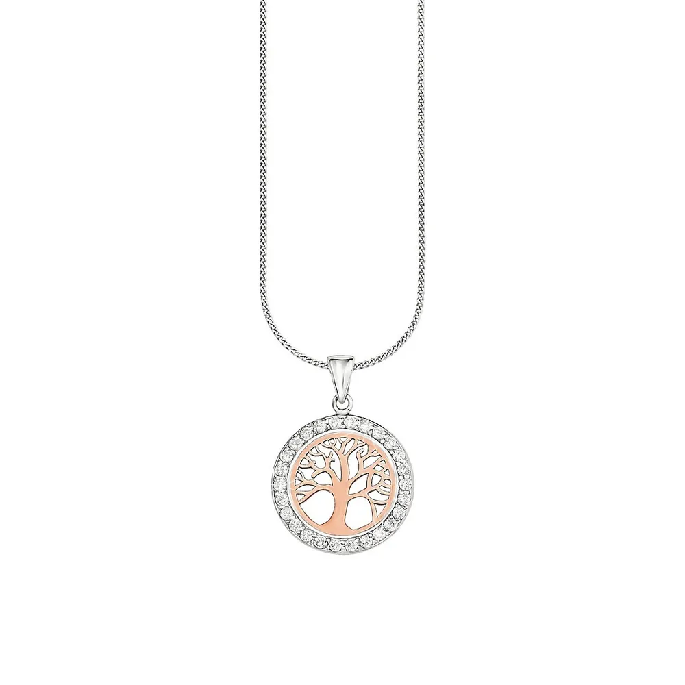 Tree of Life Bicolour Rose Goldplated, Rhodium-Plated Sterling Silver & White Cubic Zirconia Pendant Necklace