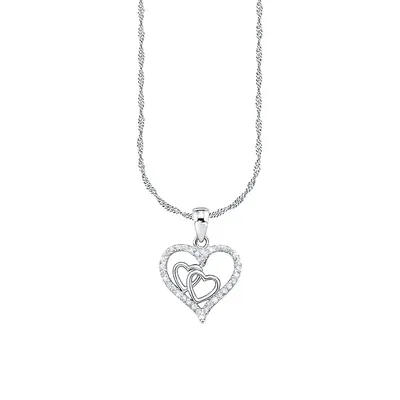 Rhodium-Plated Sterling Silver & White Cubic Zirconia Heart Pendant Necklace