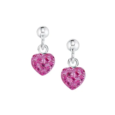 Girl's Rhodium-Plated Sterling Silver & Pink Crystal Drop Earrings