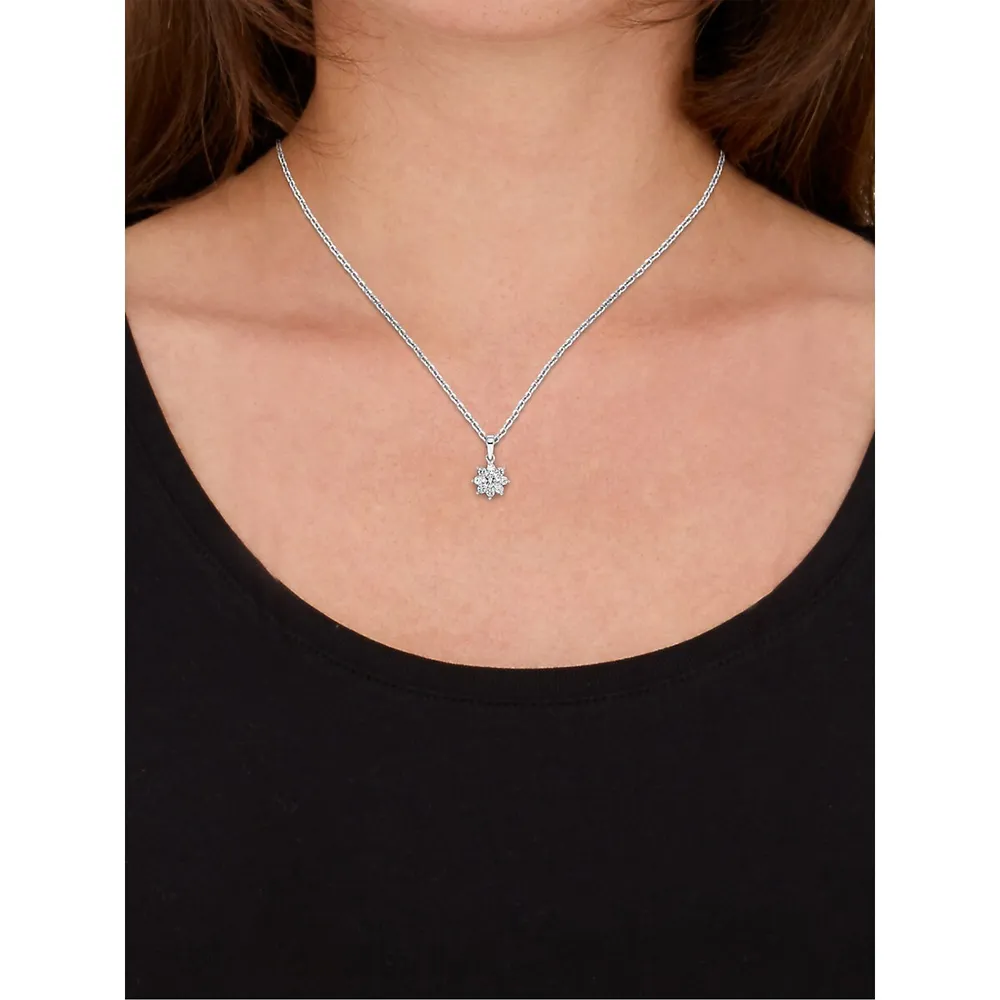 Rhodium-Plated Sterling Silver & Cubic Zirconia Floral Pendant Necklace