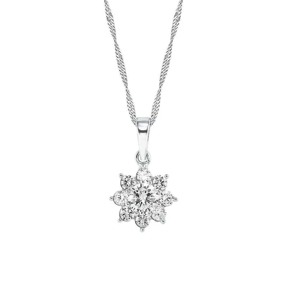 Rhodium-Plated Sterling Silver & Cubic Zirconia Floral Pendant Necklace