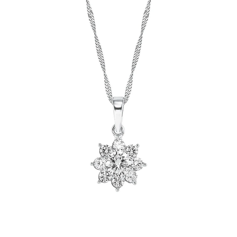 Rhodium-Plated Sterling Silver & Cubic Zirconia Floral Pendant Necklace