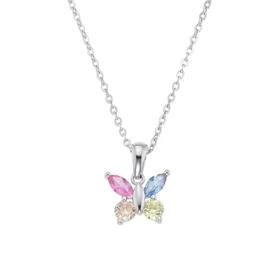 Rhodium-Plated Sterling Silver & Cubic Zirconia Butterfly Pendant Necklace