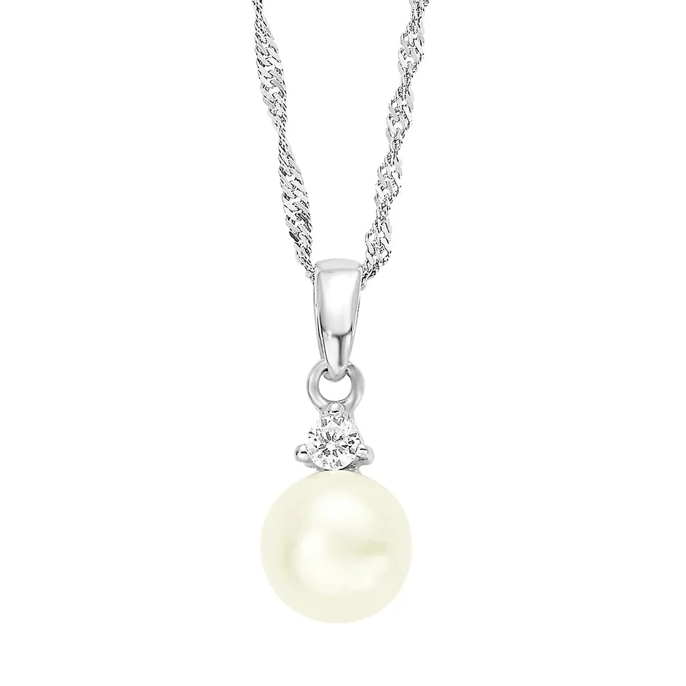 Rhodium-Plated Sterling Silver, Cultured Freshwater Pearl & Cubic Zirconia Pendant Necklace