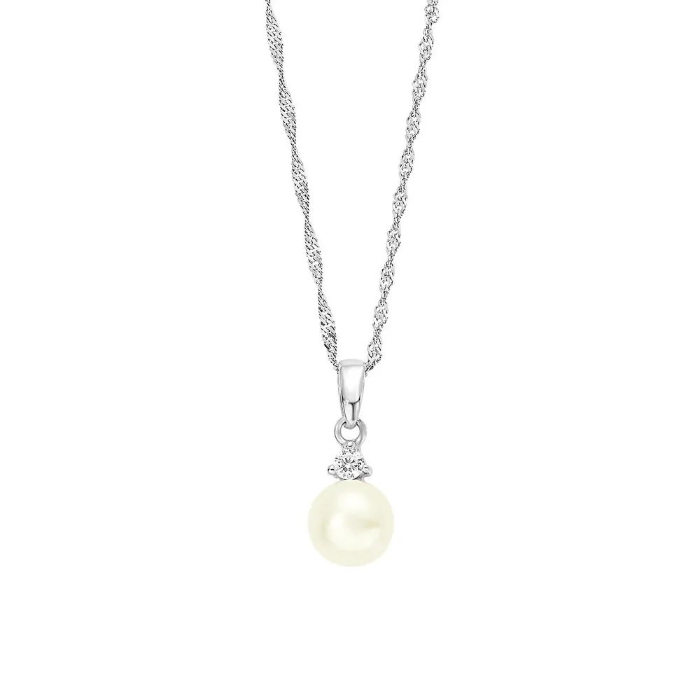 Rhodium-Plated Sterling Silver, Cultured Freshwater Pearl & Cubic Zirconia Pendant Necklace