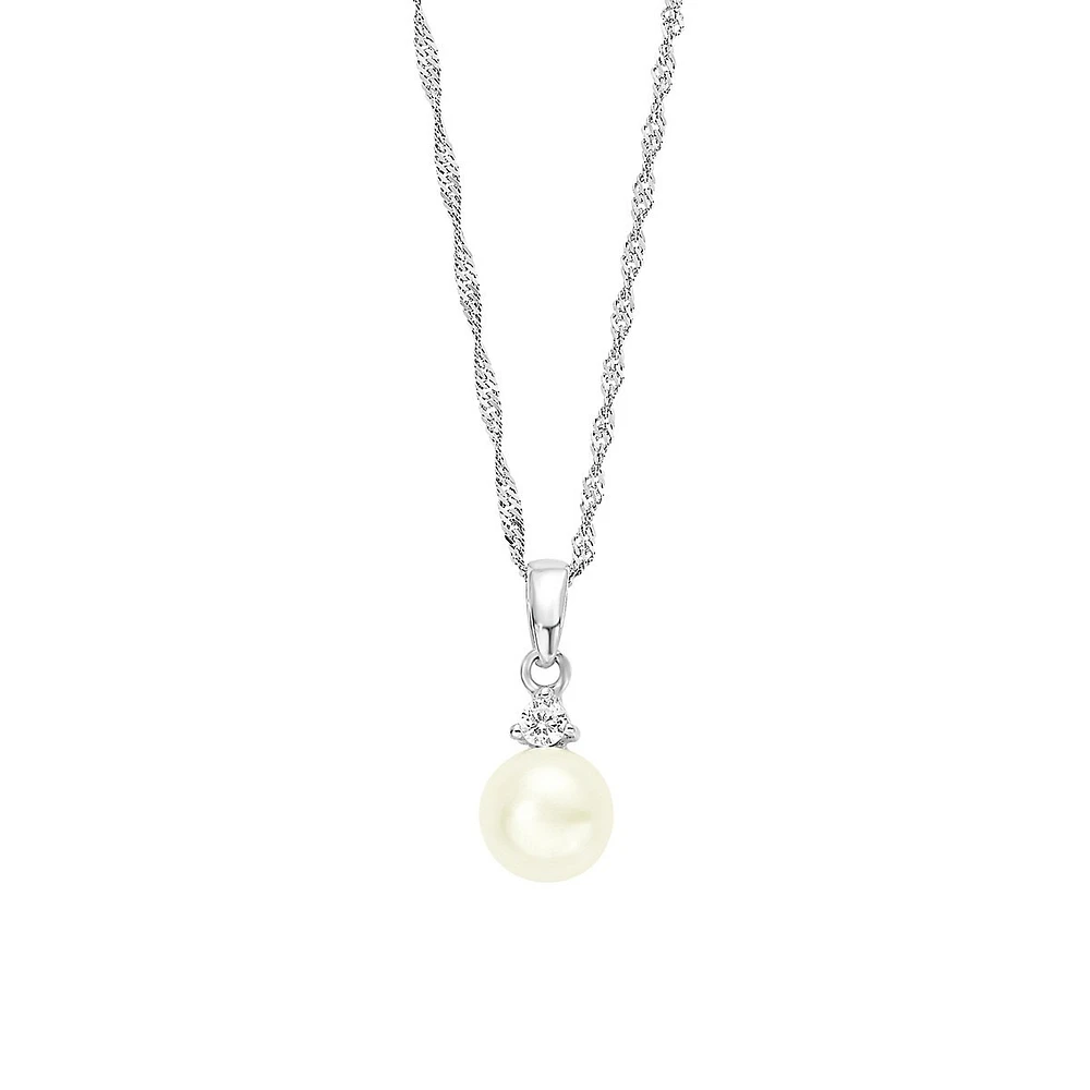 Rhodium-Plated Sterling Silver, Cultured Freshwater Pearl & Cubic Zirconia Pendant Necklace