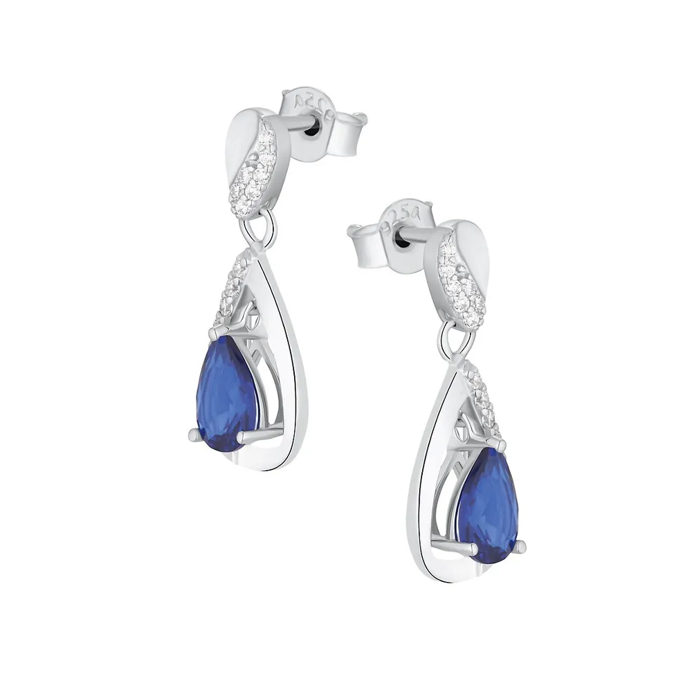 Rhodium-Plated Sterling Silver & Blue & White Cubic Zirconia Drop Earrings