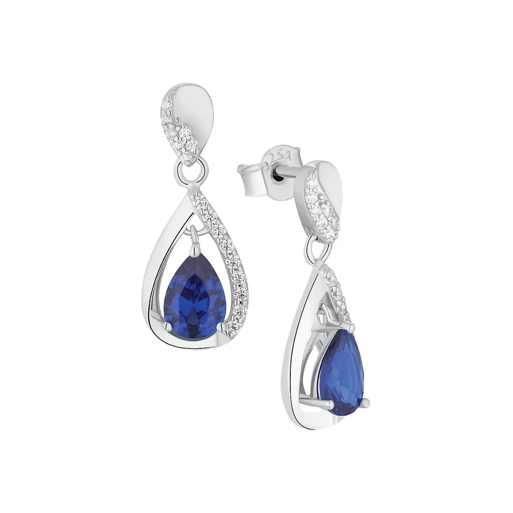 Rhodium-Plated Sterling Silver & Blue & White Cubic Zirconia Drop Earrings