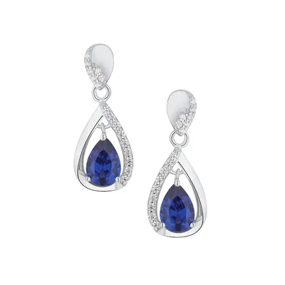 Rhodium-Plated Sterling Silver & Blue & White Cubic Zirconia Drop Earrings