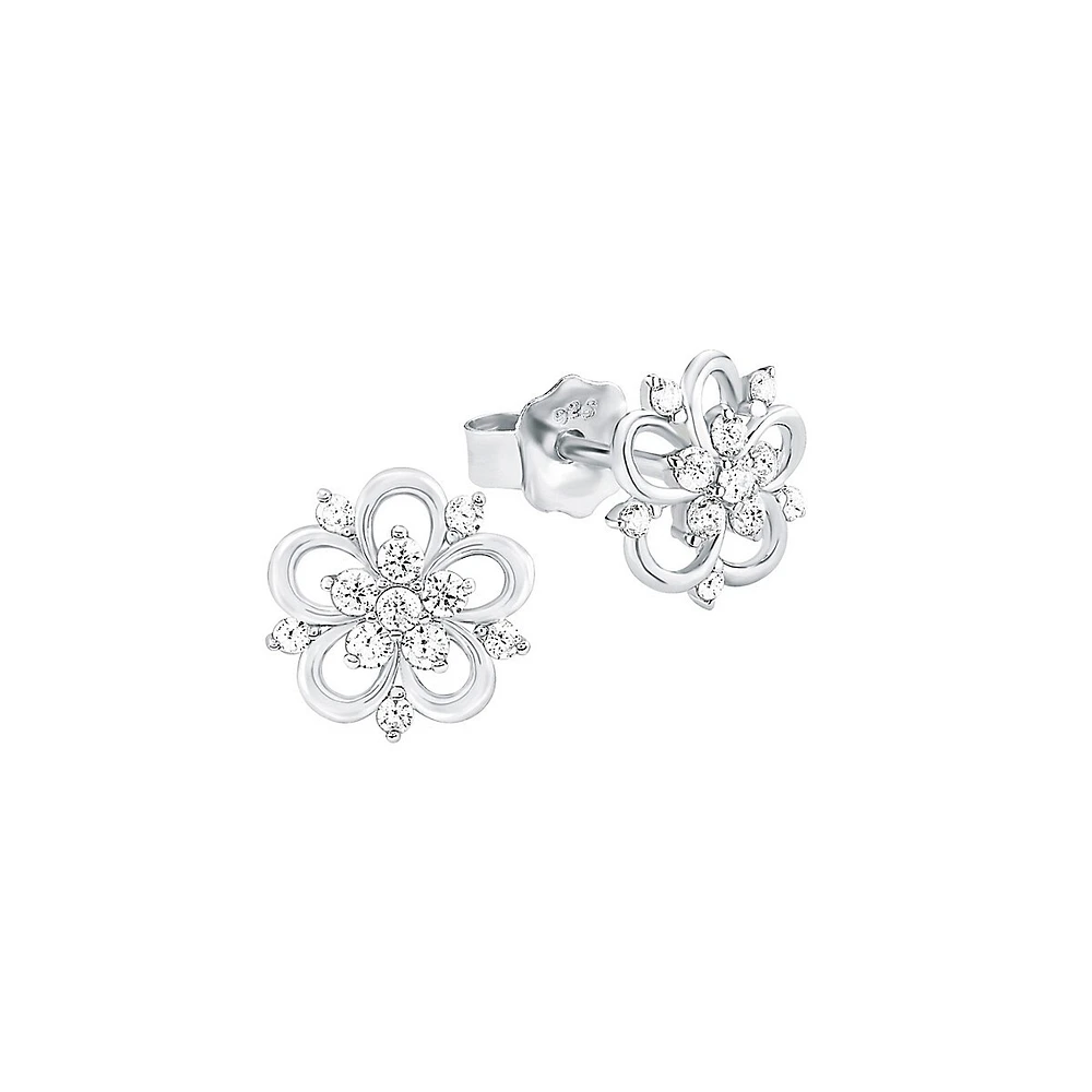 Main Rhodium-Plated Sterling Silver & Cubic Zirconia Flower Stud Earrings