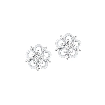 Main Rhodium-Plated Sterling Silver & Cubic Zirconia Flower Stud Earrings