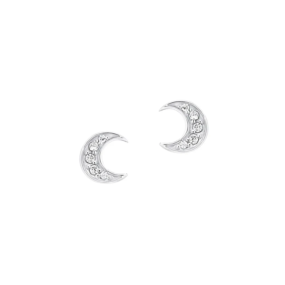 Rhodium-Plated Sterling Silver & White Cubic Zirconia Half Moon Stud Earrings