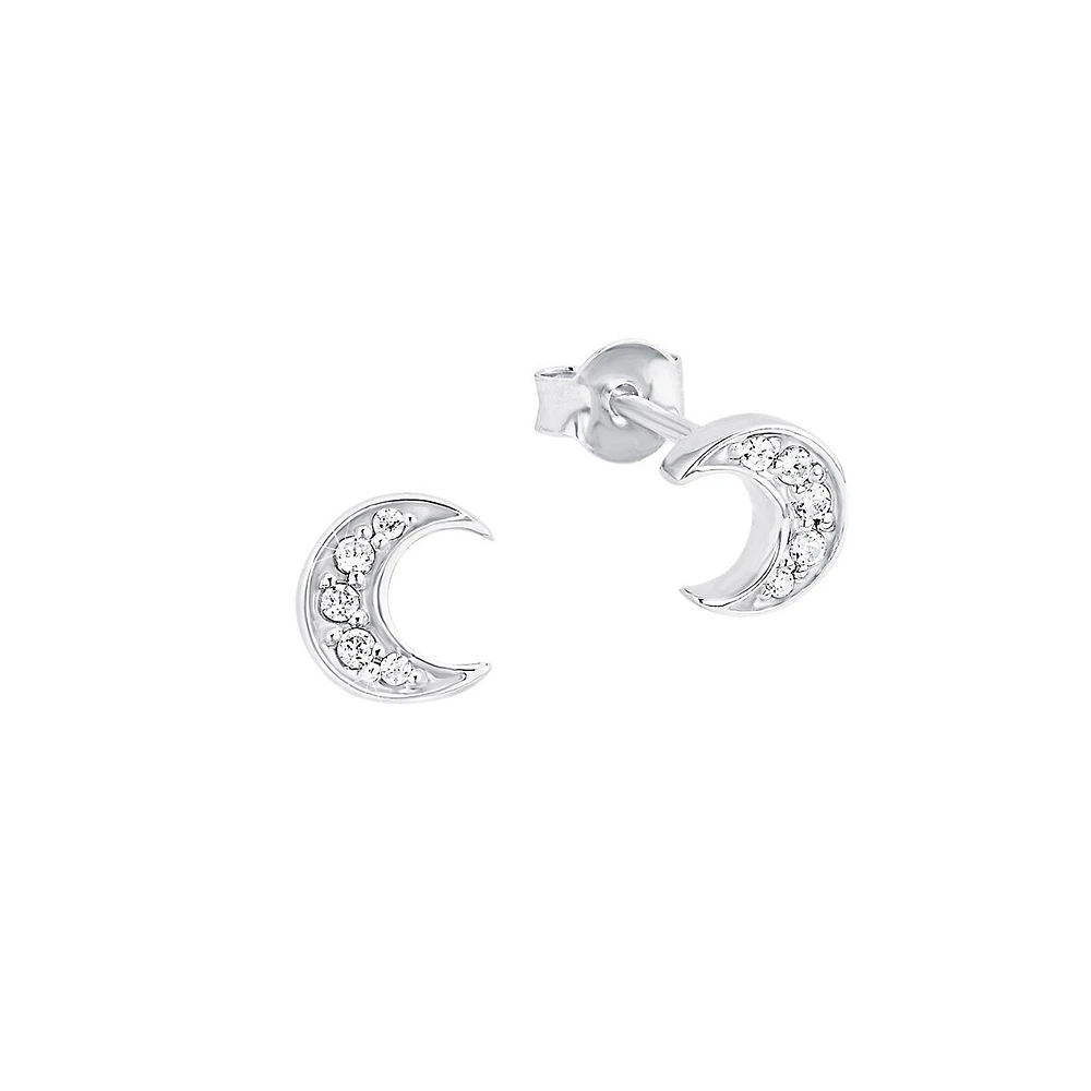 Boutons d'oreilles en demi-lune en argent sterling rhodié avec cristaux blancs