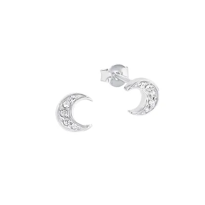 Rhodium-Plated Sterling Silver & White Cubic Zirconia Half Moon Stud Earrings
