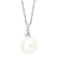 Sterling Silver, White Freshwater Pearl & Cubic Zirconia Pendant Necklace