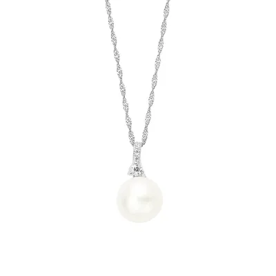 Sterling Silver, White Freshwater Pearl & Cubic Zirconia Pendant Necklace