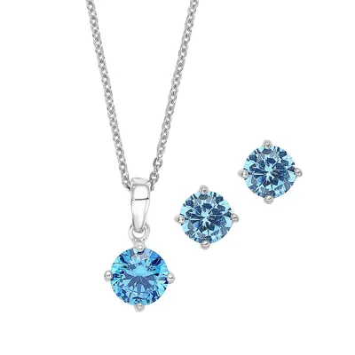 Rhodium-Plated Sterling Silver & Cubic Zirconia Stud Earrings & Pendant Necklace Set