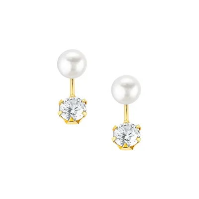 9K Yellow Gold, Freshwater Cultured Pearl & Cubic Zirconia Drop Earrings