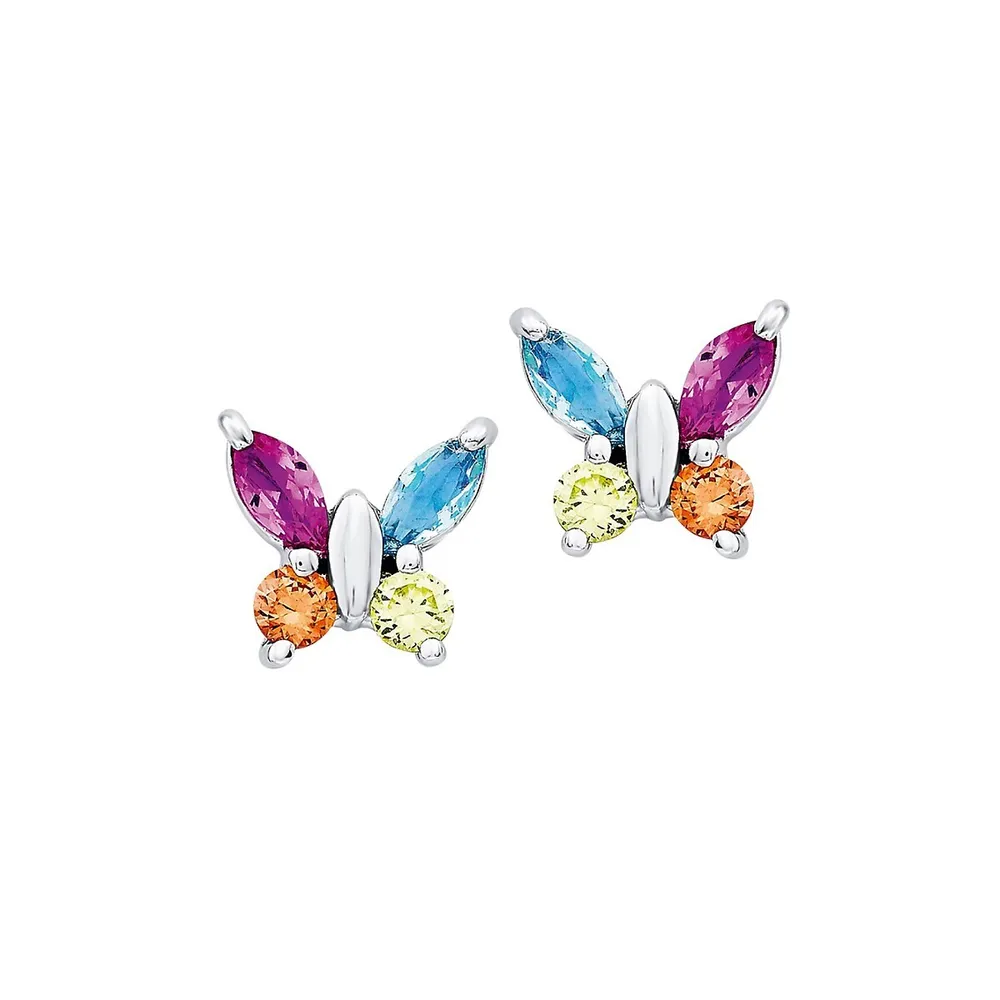 Kid's Butterfly Rhodium-Plated Sterling Silver & Multicoloured Cubic Zirconia Stud Earrings
