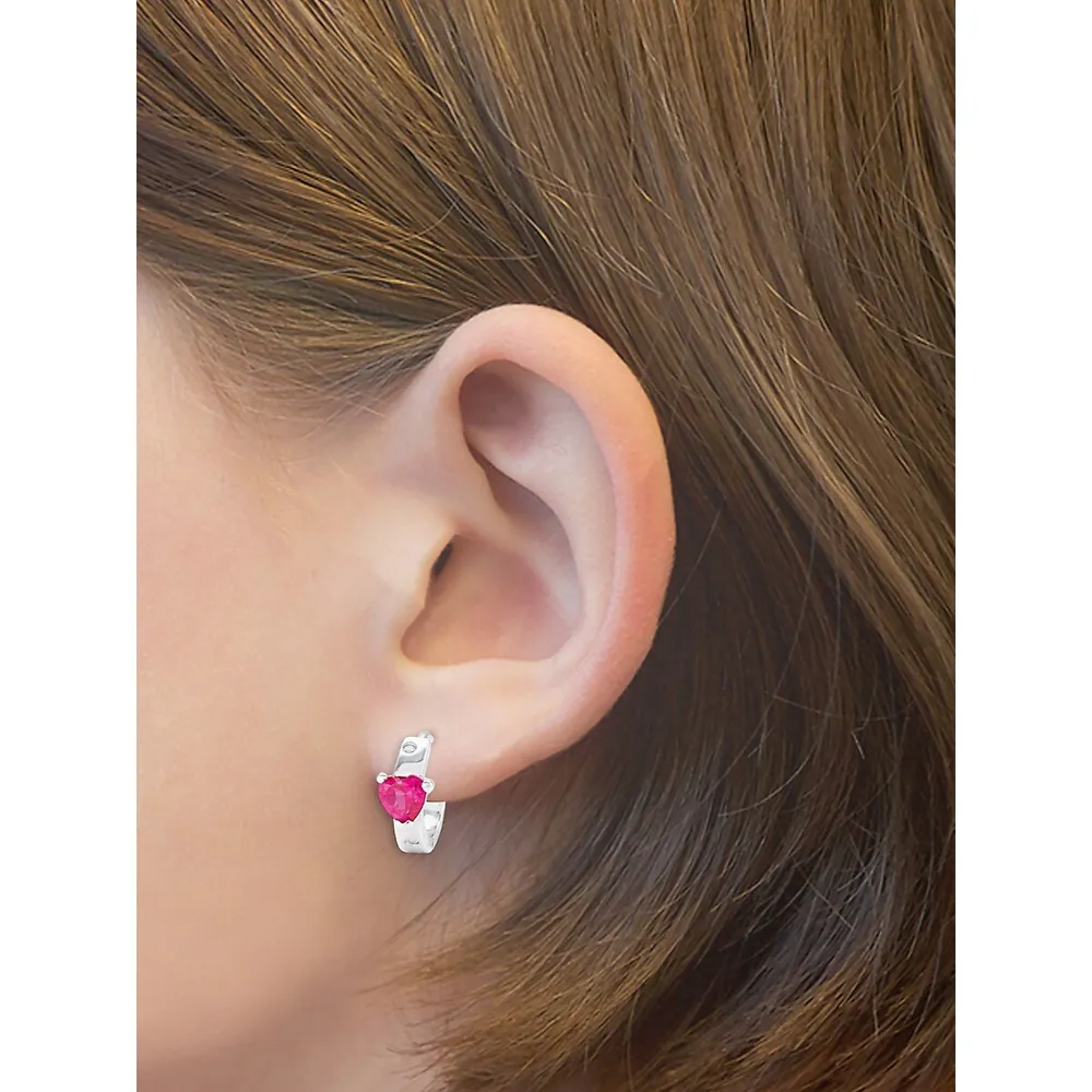 Kid's Creole Heart Rhodium-Plated Sterling Silver & Pink Cubic Zirconia Huggie Earrings