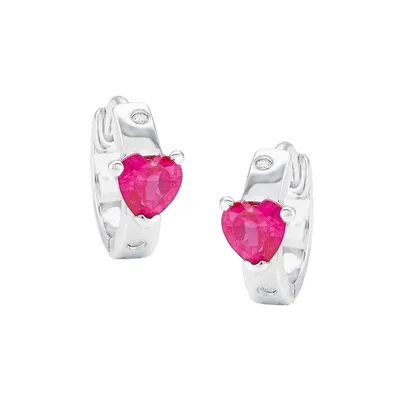 Kid's Creole Heart Rhodium-Plated Sterling Silver & Pink Cubic Zirconia Huggie Earrings